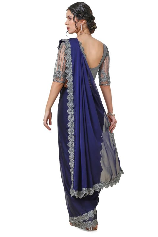 Soch Womens Navy Blue Georgette Saree with Lace Border