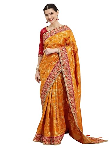 TRENDMALLS Women's Pure Silk Embroidery Work Saree with Unstitch Blouse Piece (K1113-Orange)