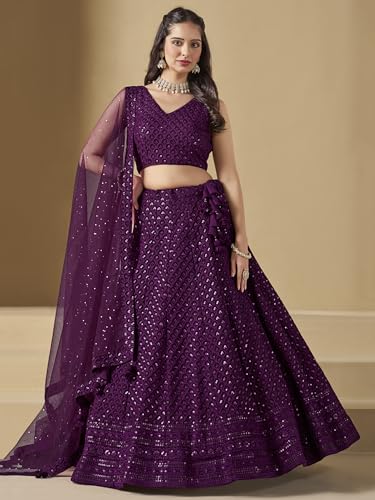 Zeel Clothing Women's Sequins Thread Embroidered Georgette Lehenga Choli With Dupatta (5124-Women-Lehenga-Choli-New; Free size) (Yellow) (Wine)
