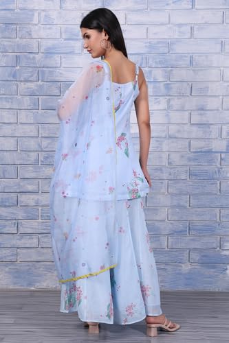 W for Woman Blue Floral Printed Thread Embroidered Kota Flared Kurta, Flared Pant and Dupatta Set (Size: M)-WS12677-125426