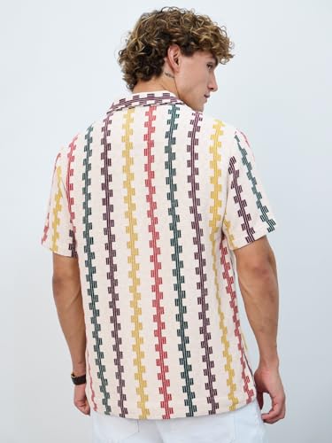 The Souled Store Open Knit: Tropical Stripes Men and Boys Short Sleeves Collared Neck Button Front Orange Striped Polyester Blend Regular Fit Casual Textured Shirts