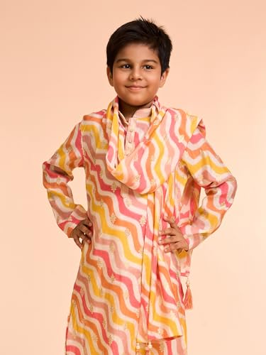 Manyavar Boys Viscose Blend Leheriya Printed Kurta Pyjama Set (Warm White,8-10Y)