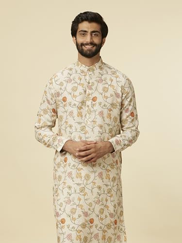 Manyavar Men's Beige Bel Buti Patterned Kurta (XXL)