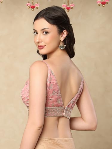 SALWAR STUDIO Pink Silk Embroidered Sleeveless Readymade Saree Blouse
