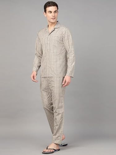 English Navy Men Checked Night Suit Khaki S, Ideal for Daily Loungewear and Sleepwear, Gentle on Skin for All Night Comfort, Machine Washable Easy Care Fabric