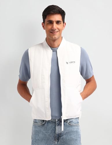 U.S. Polo Assn. Denim Co. Men's White Solid Collar Neck Sleeveless Casual Polyester Regular Fit Jacket (UDJCK1388_White_L)