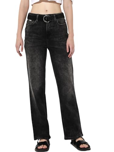 ONLY Women's Solid Straight Fit Mid-Rise Black Jeans with Belt