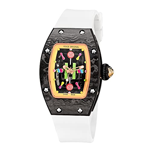 FEICE Women's Automatic Wrist Watch Fashion Skeleton Mechanical Watch with Carbon Fiber Strap Luminous Waterproof Wristwatch for Ladies FM606 (Black&White)