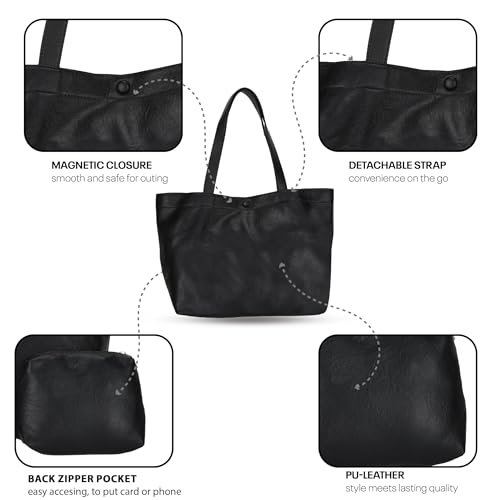 SIBY Women's Shoulder Tote Purse - PU Leather, Waterproof, Magnetic Lock Closure, Includes Small Purse - Black
