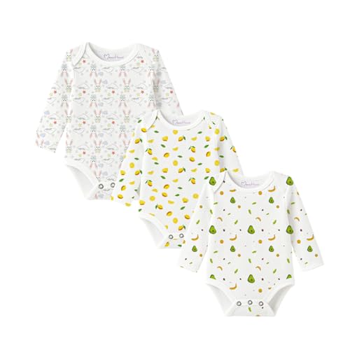 MOM'S HOME Baby's Organic Cotton Soft Full Sleeve Onesie | Multicolour | Pack of 3 (Lemon,Avocado,Bunny, 0-3 Months)