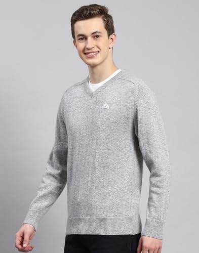 Monte Carlo Lt Grey Mix Solid V Neck Sweater | Warm Woolen Pullover for Men | Soft Comfortable Knitted Winter Wear Sweater for Men's