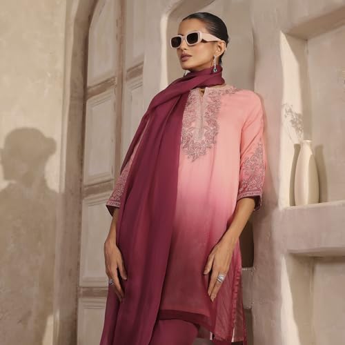 Biba Women Peach Viscose Blend Straight Suit Set_32