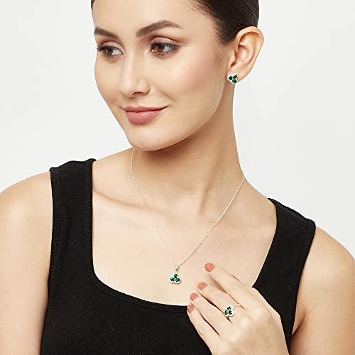 VOYLLA Oval Cut Emeralds Embellished Floral Motif 925 Sterling Silver Box Set For Women|Womens Jewellery Set|Gift For Women|Womens Gift|Gift For Her|