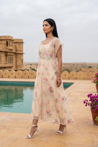 Wishful Women’s Beige Embroidered Organza A-line Dress - (SP13781-401403-M)