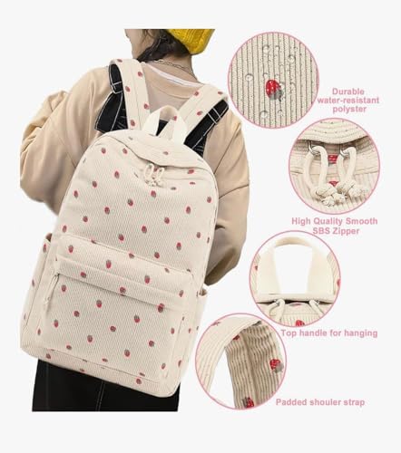 Satic School & College Backpack for Teens Large 25L Corduroy Bookbag Lightweight for Girls Women Lightweight Travel Backpack (Strawberry Beige)