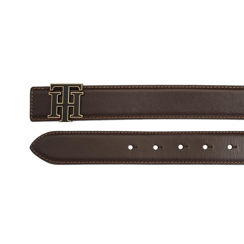 Tommy Hilfiger Men's Skibet Leather Belt - Th Interlock Monogram - Rich Brown For Classic Casual Styling & Gifting | Size M - 90 CM