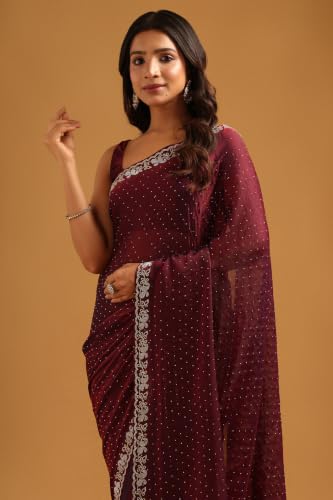 Soch Womens Wine Fendy Organza Stonework Embellished Saree
