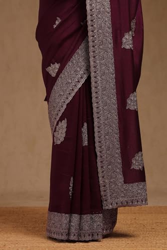 Soch Womens Magenta Tussar Embroidered Saree With Stone Work