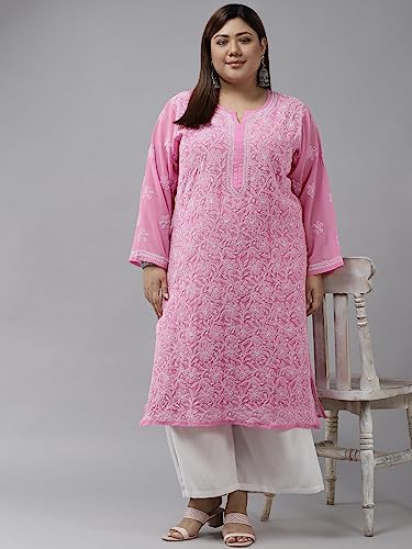 Ada Hand Embroidered Indian Chikankari Women's Faux Georgette Kurti Kurta A411221 (L_Pink), Pink, L