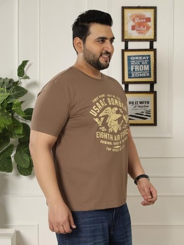 JOHN PRIDE Plus Size Men Regular Fit Printed Short Sleeves Brown Round Neck Stretchable T-Shirt (JPTSR32446_6XL_Brown)