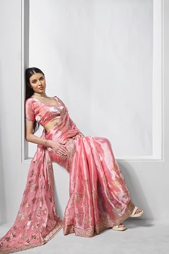 ORHANS Women's Organza Embroidered Work Saree With Organza Matching With Unstitched Blouse Piece