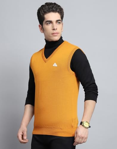 Monte Carlo Men's Wool Sleeveless Sweater | V-Neck | Regular Fit| Solid Pattern |Warm & Stylish Pullover Cardigan for Men Gold 5XL (Pack of 1)