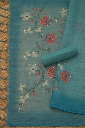 Soch Womens Blue Linen Shimmer Floral Print Unstitch Dress Material With Thread Work