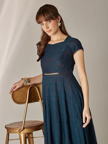 Miss Chase Womens Sweetheart-Neck Short Sleeve Self-Designed Lace Overlaid Midi Dress (MCSS25D16-77-83-03, Teal, S)