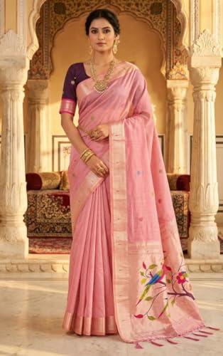 SGF11 Women's Cotton Linen Soft Silk Saree With Unstitched Blouse Piece (Pink)
