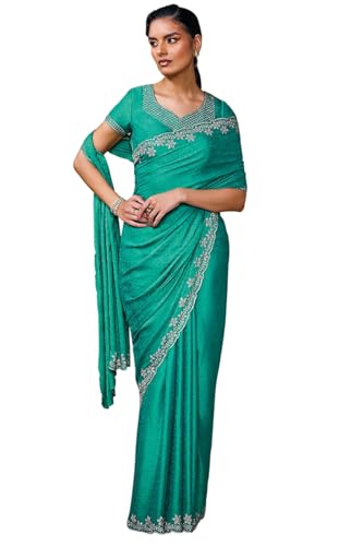 Soch Womens Teal Green Fendy Georgette Woven Design Saree With Stone Work