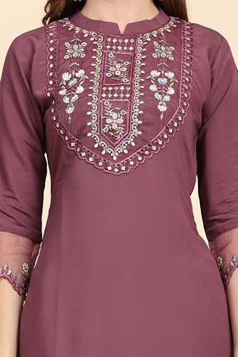 TRENDMALLS Women's Satin Silk Embroidery Salwar Suit Set Kurta Pant with Dupatta (G192-Purple-XXL)