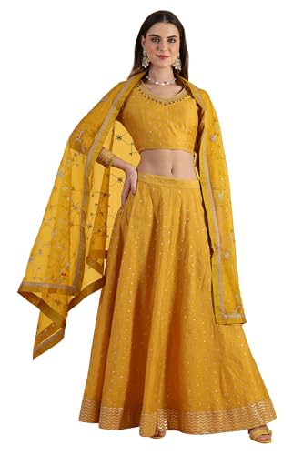 W for Woman Yellow Metallic Embroidery Crop Top & Skirt with Dupatta Set (Size: XL)-24AUWS31123-400772
