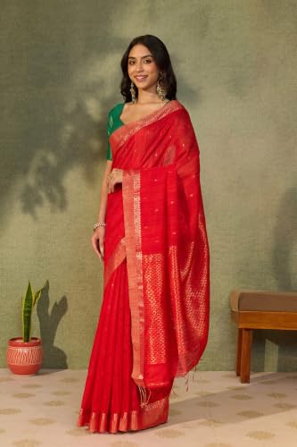 Red Pure Silk Cutwork Bengal SareeWith Unstitched Blouse( SHG08H00444-Red)