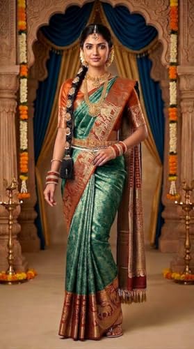 VFCollections Women's Traditional Handloom Kanchipuram Silk Pattu Sarees | Rich Zari Woven Design | Unstitched Blouse (VFC418-1)