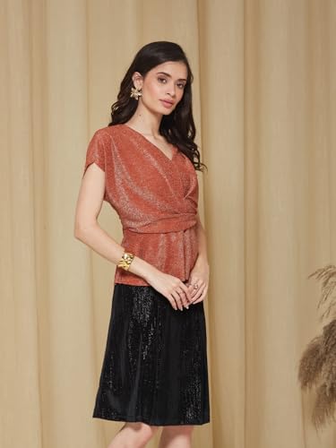 Latin Quarters Women's Peach V-Neck Cap Sleeves Solid Party Top_M