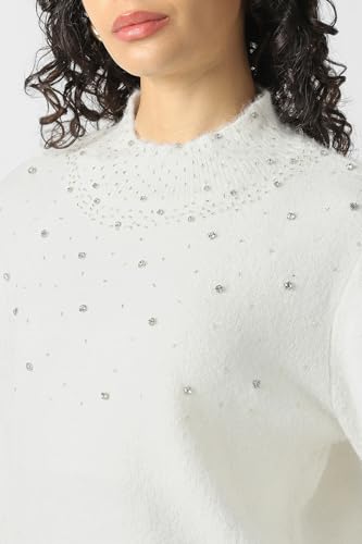 Women White Embellished Round Neck Sweater