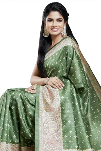 RANI SAAHIBA Women's Printed Art Tussar Silk Madhubani Saree With Blouse Piece (SKR11664_Olive Green)