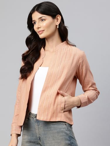 Cottinfab Women Peach-Coloured Striped Lightweight Open Front Casual Blazer
