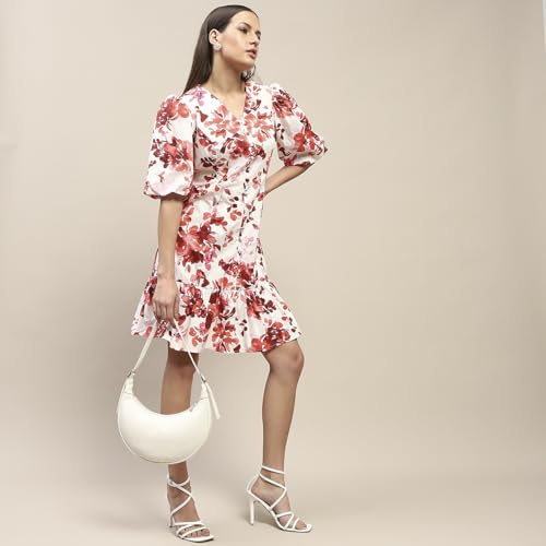 Madame Cotton Floral Print Tiered Red Mini Dress for Women