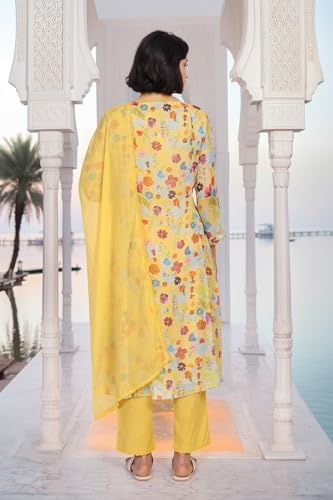 W for Woman Floral Printed Lace Trim Flared Chiffon Kurta with Pant and Dupatta Set - Yellow (WS12923-125894-XXL)