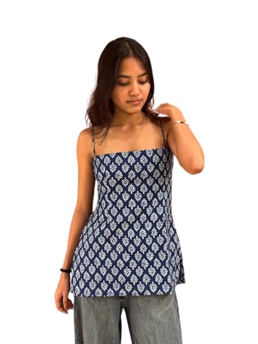 Nishorama Short Nihaala Women's Cotton Halter Neck Corset Kurti, Navy Blue Block Print, Sleeveless Backless Design with Criss-Cross Detail