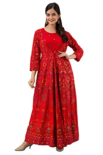 Jaipurite Women's Printed Maxi Anarkali Gown (X-Large) Red