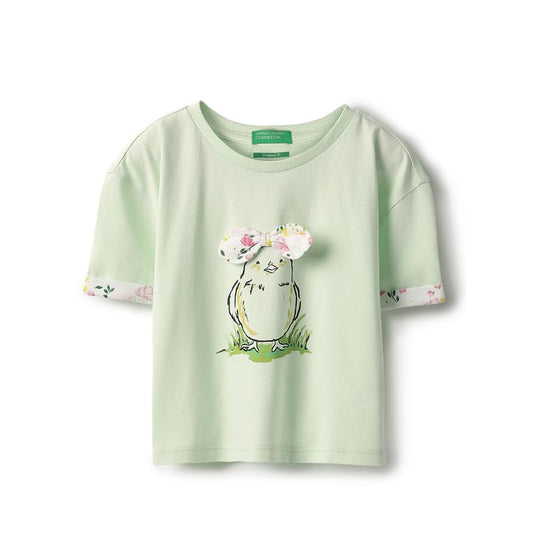 United Colors of Benetton Cropped Fit Round Neck Bow Applique Bunny T-Shirt