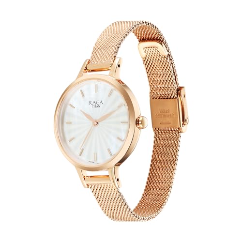 Titan Raga Power Pearls Quartz Analog Mother of Pearl Dial Rose Gold Metal Strap Watch for Women - NT2666WM01