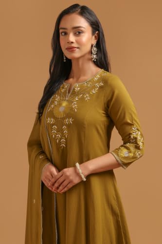 Soch Womens Olive Cotton Embroidered Botanical Thread Work Salwar Suit