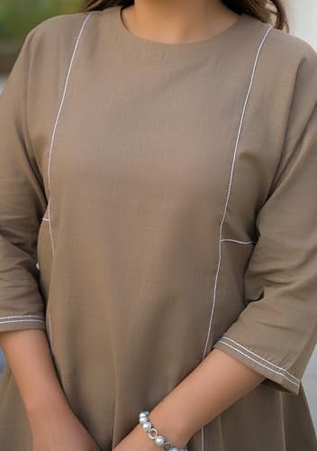 ARAVALII Women's Peacock Blue Co-ord Set – Pure Cotton Slub, Round Neck, 3/4 Sleeves, Short Length Top, Styled Pants, Casual Wear (Taupe Brown, L)