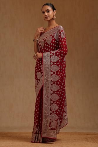 Soch Womens Magenta Georgette Embroidered Saree With Stone Work