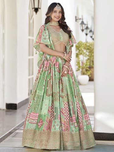 AG Clothing Women's Digital Print With Zari Dori Embroidery Work Chinnon Silk Lehenga Choli With Dupatta (ZC-Queen-7050-Green-Women-Lehenga-Choli-New; Free size)