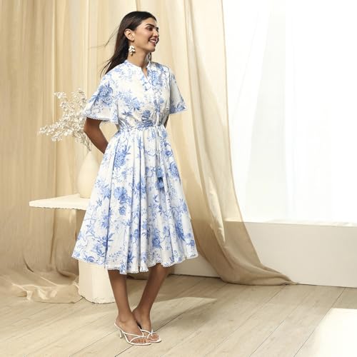 BIBA Women's Cotton Midi Dress (BLPOT3025SS25OWHTBLU_Off-White-Blue