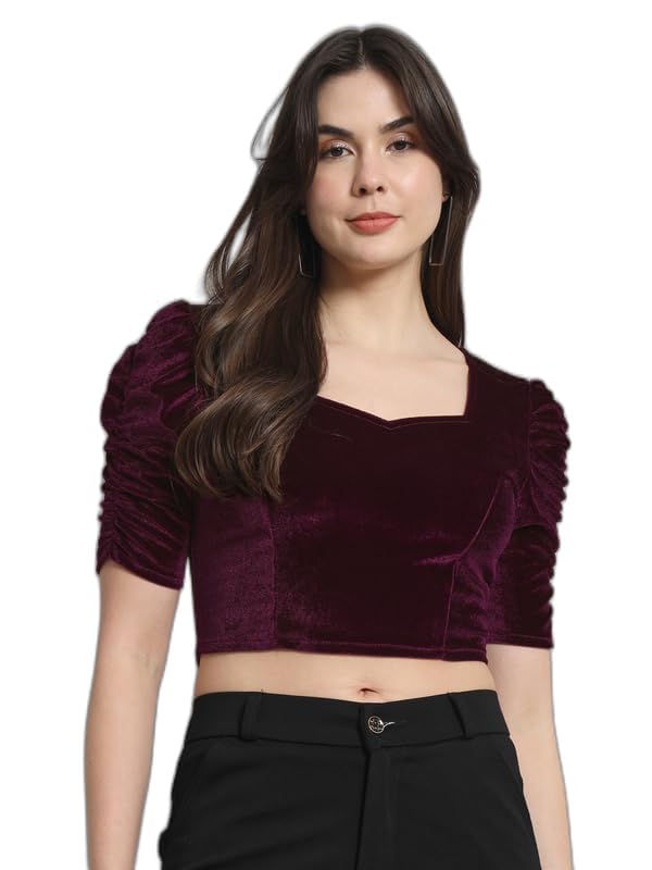 Vaararo Velvet Blouse Tops for Women | Party Puff Sleeves Readymade Outfit Wine XXX-Large